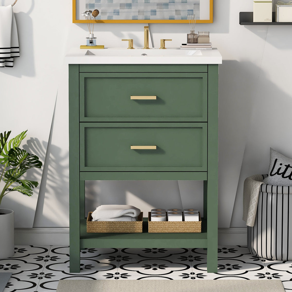 24'' Bathroom Vanity with Top Sink, Modern Bathroom Storage Cabinet with 2 Drawers, Single Sink Bathroom Vanity