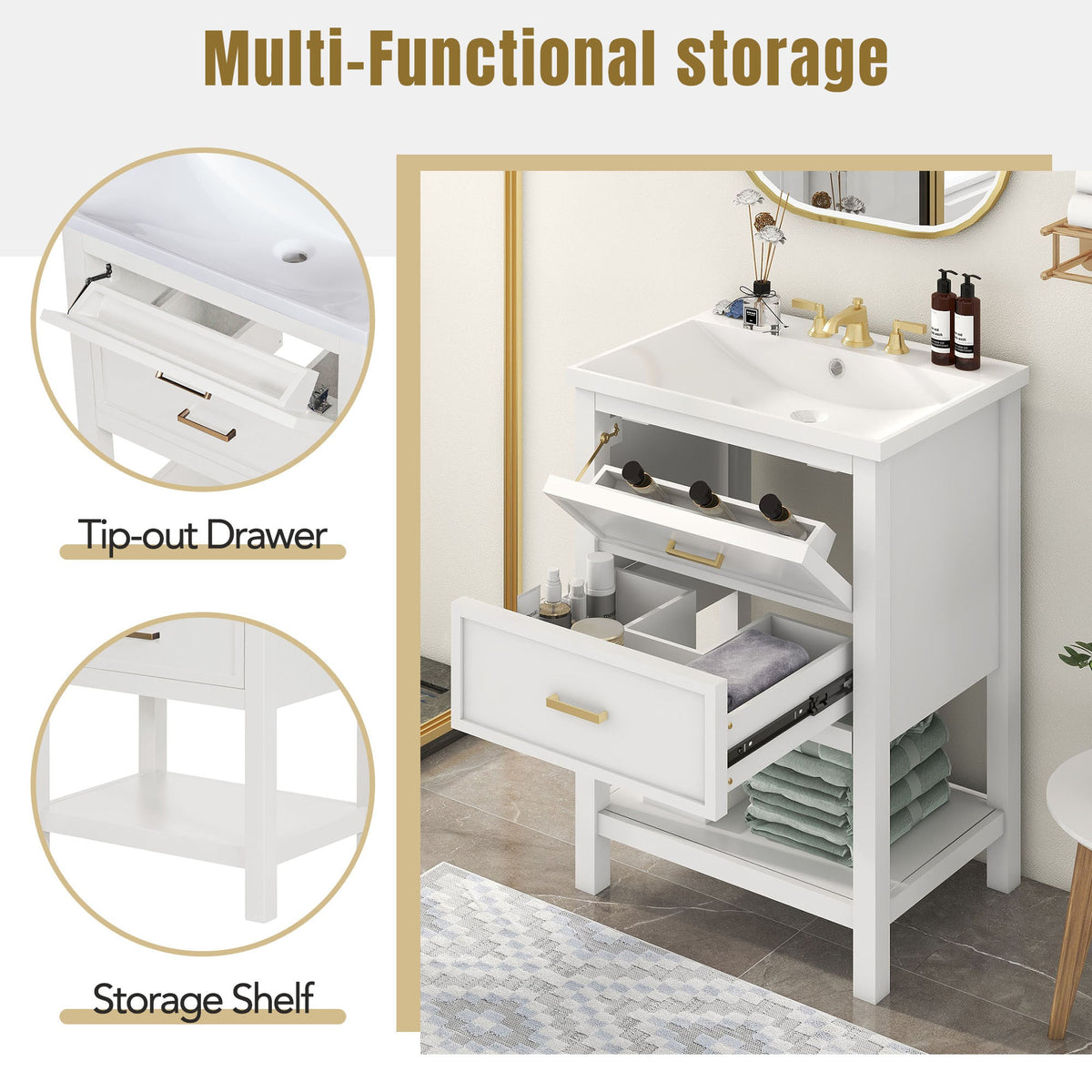 24'' Bathroom Vanity with Top Sink, Modern Bathroom Storage Cabinet with 2 Drawers, Single Sink Bathroom Vanity (Replace SW000101AAK)