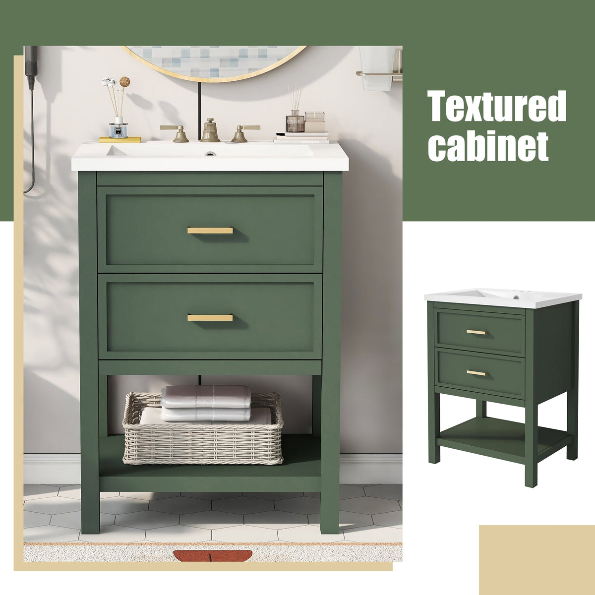 24'' Bathroom Vanity with Top Sink, Modern Bathroom Storage Cabinet with 2 Drawers, Single Sink Bathroom Vanity