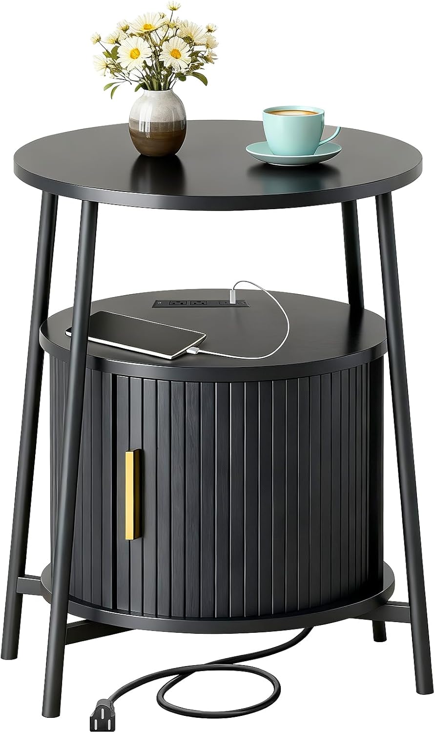 DHH Round End Tables with Charging Station, Fluted Accent Side Table with Sliding Door, Mid-Century Modern Nightstand for Small Space Storage, Living Room, Bedroom,Sofa Couch(Yellow)
