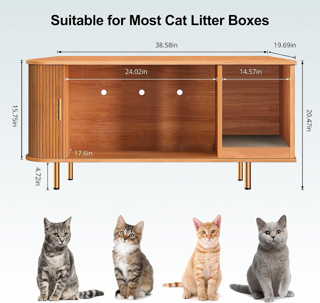 Litter Box Enclosure with Cat Scratch Pad, Sliding Door, 38.5" Litter Box Enclosure Furniture Hidden Litter Box, Modern Indoor Cat House, TV Stand, Side End Table for Living Room, Walnut