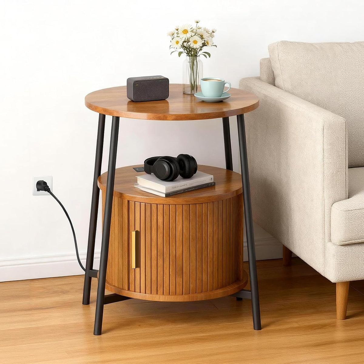 End Tables Side Table with Storage, Fluted Nightstand with Charging Station, Small Mid-Century Modern Bedside Tables, Side Table for Small Space Living Room Bedroom Sofa Couch