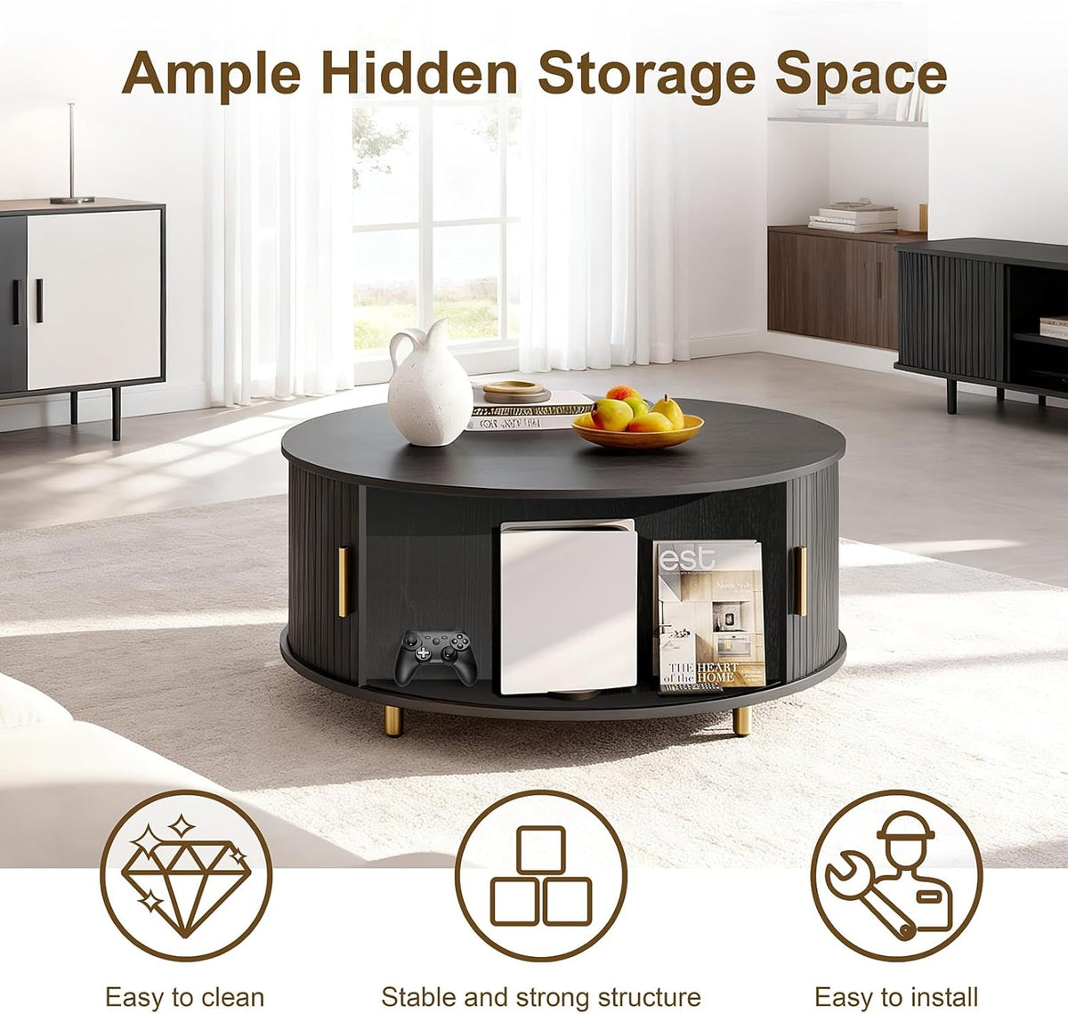 DHH Round Coffee Table, 31.5" Mid Century Modern Coffee Table with 360° Sliding Tambour Door, Fluted Accent Coffee Table with Storage Adjustable Footpads for Living Room, Black