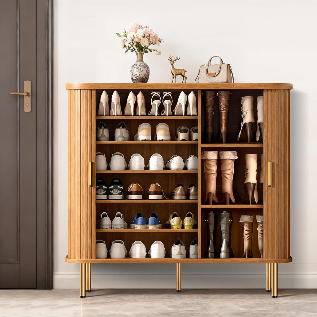 DHH Shoe Storage Cabinet with Sliding Door, 6-Tier Shoe Cabinet with Adjustable Shelves, Mid-Century Modern Freestanding Shoe Storage Organizer for Entryway, Hallway, Living Room (Wood, 47 ")