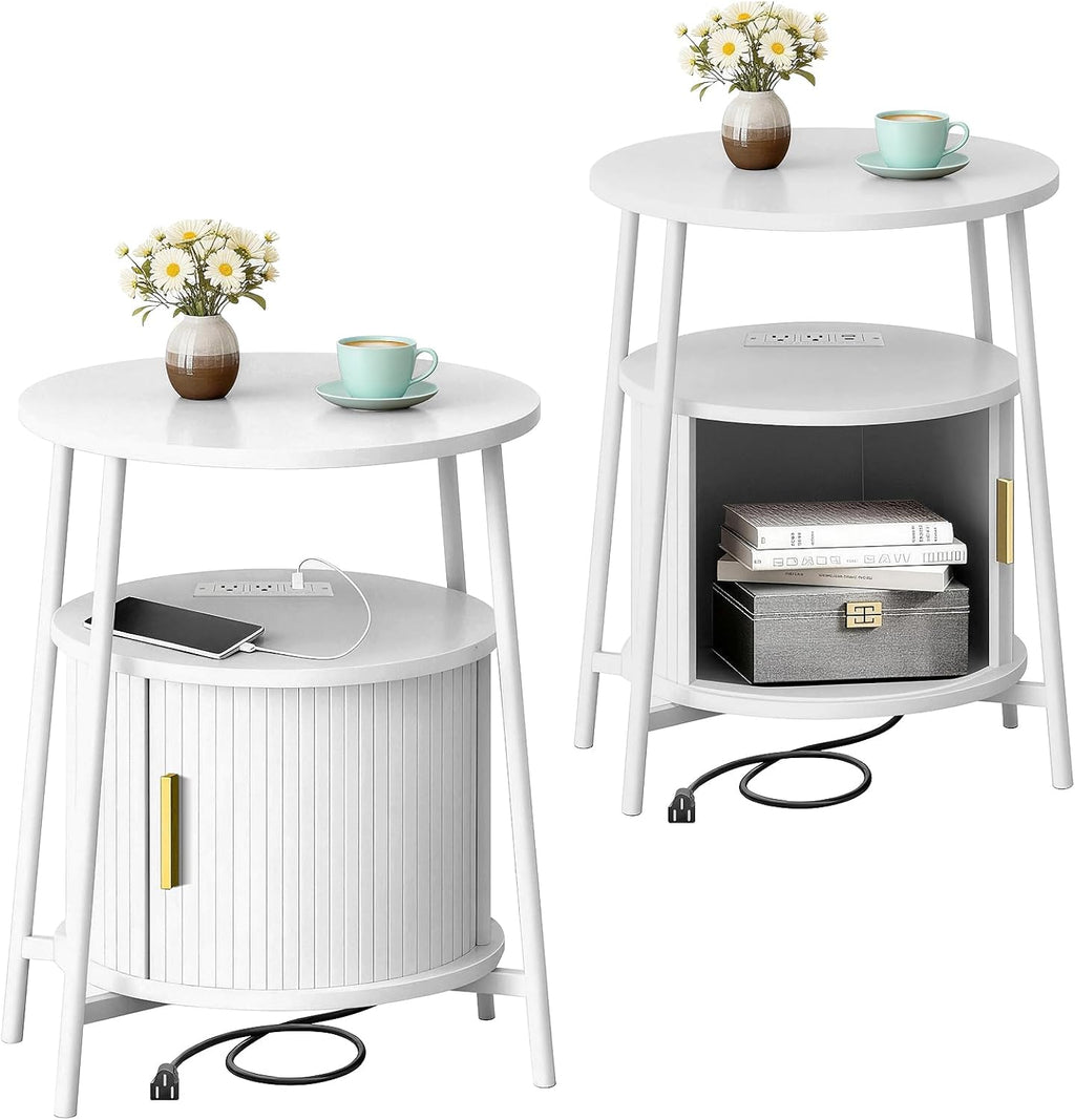 DHH Round End Tables with Charging Station, Fluted Accent Side Table with Sliding Door, Mid-Century Modern Nightstand for Small Space Storage, Living Room, Bedroom,Sofa Couch(Yellow)