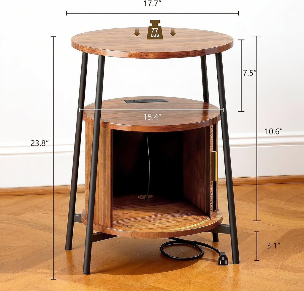 End Tables Side Table with Storage, Fluted Nightstand with Charging Station, Small Mid-Century Modern Bedside Tables, Side Table for Small Space Living Room Bedroom Sofa Couch