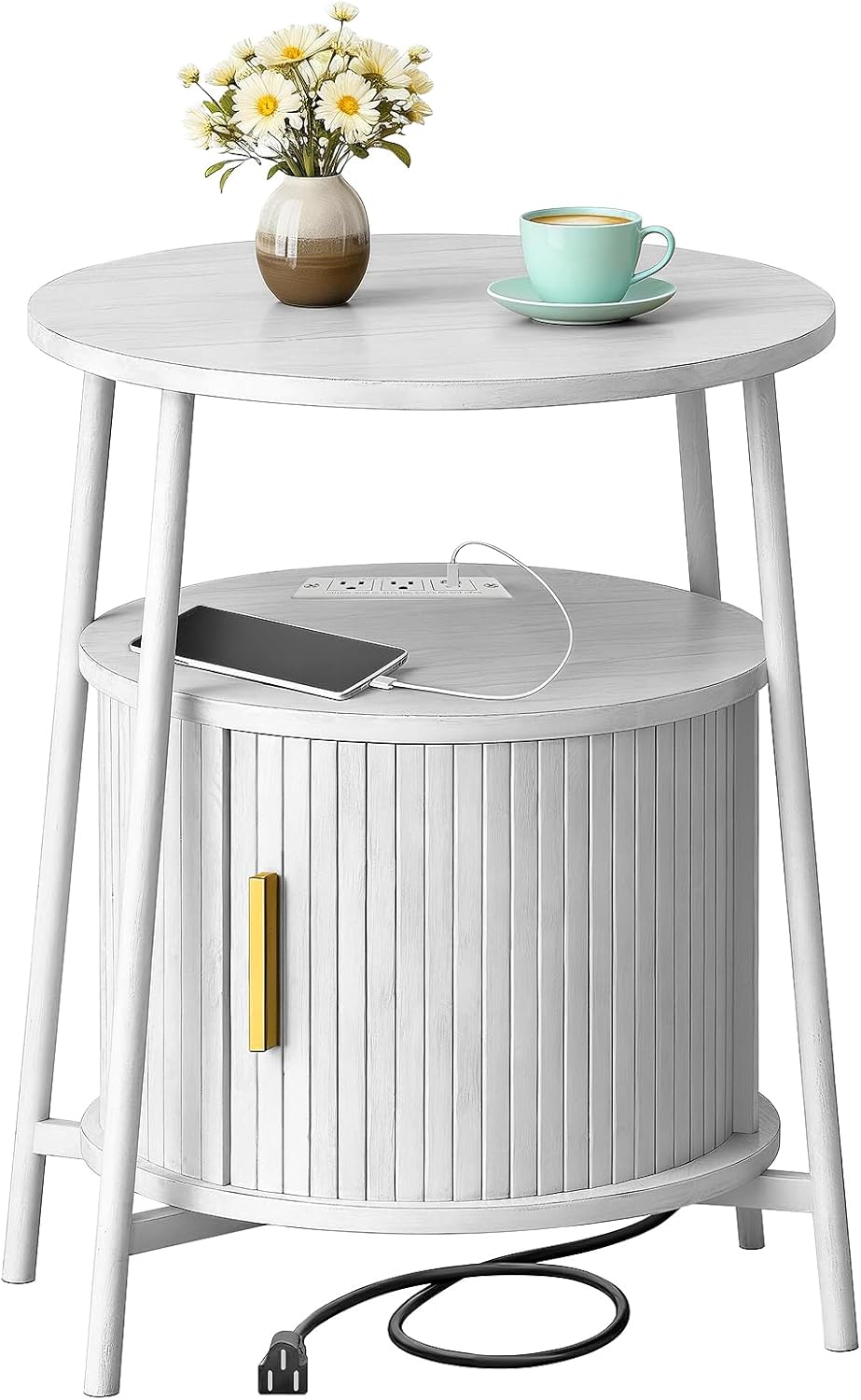 DHH Round End Tables with Charging Station, Fluted Accent Side Table with Sliding Door, Mid-Century Modern Nightstand for Small Space Storage, Living Room, Bedroom,Sofa Couch(Yellow)