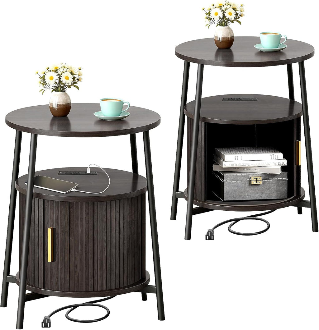 DHH Round End Tables with Charging Station, Fluted Accent Side Table with Sliding Door, Mid-Century Modern Nightstand for Small Space Storage, Living Room, Bedroom,Sofa Couch(Yellow)
