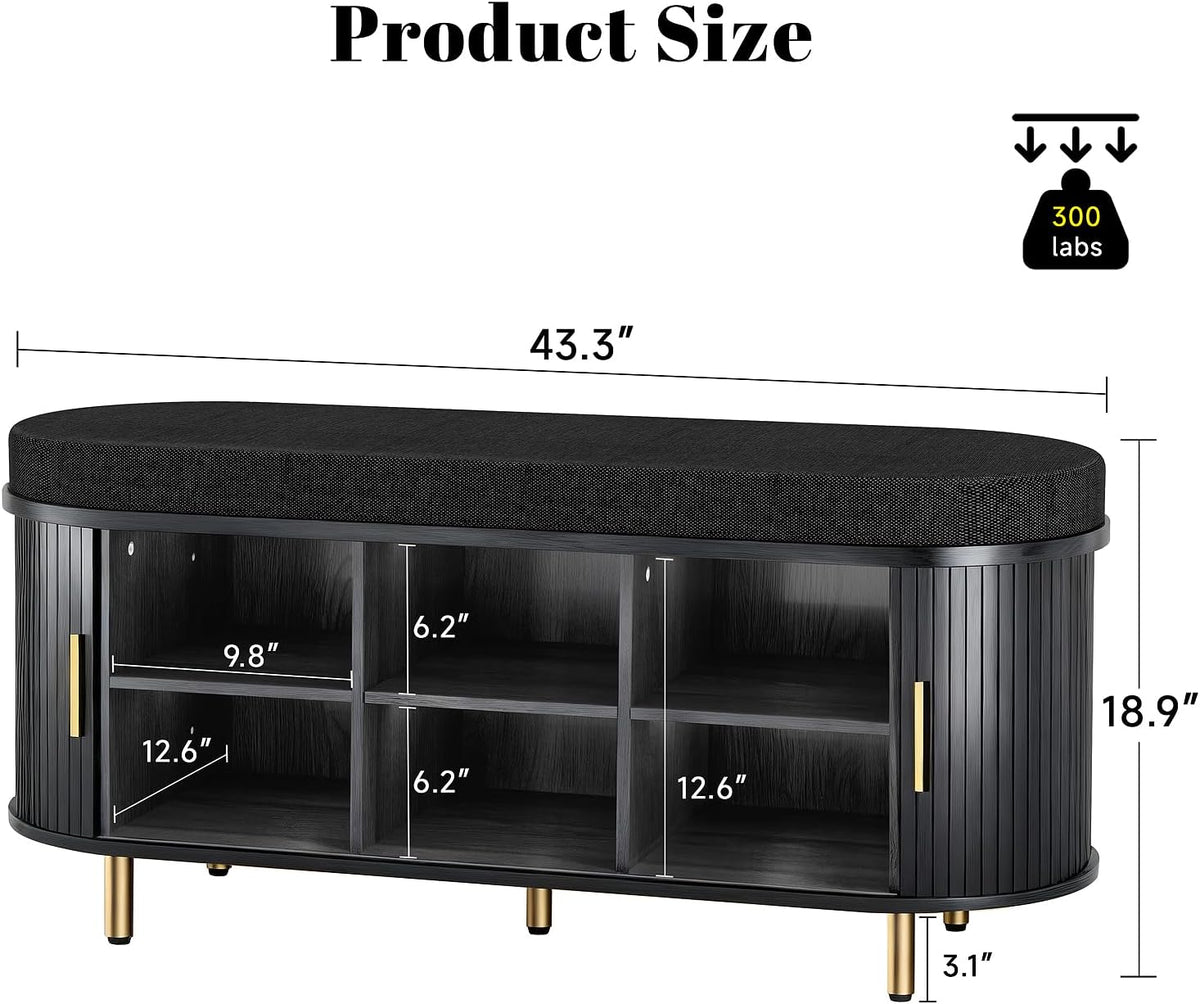 DHH 2-Tier Storage Bench, 43.3" Wide Shoe Bench with Thickened Padded Seat Cushion, Mid Century Modern Fluted Sliding Door and Adjustable Shelf, for Entryway, Living Room, Bedroom(Black)