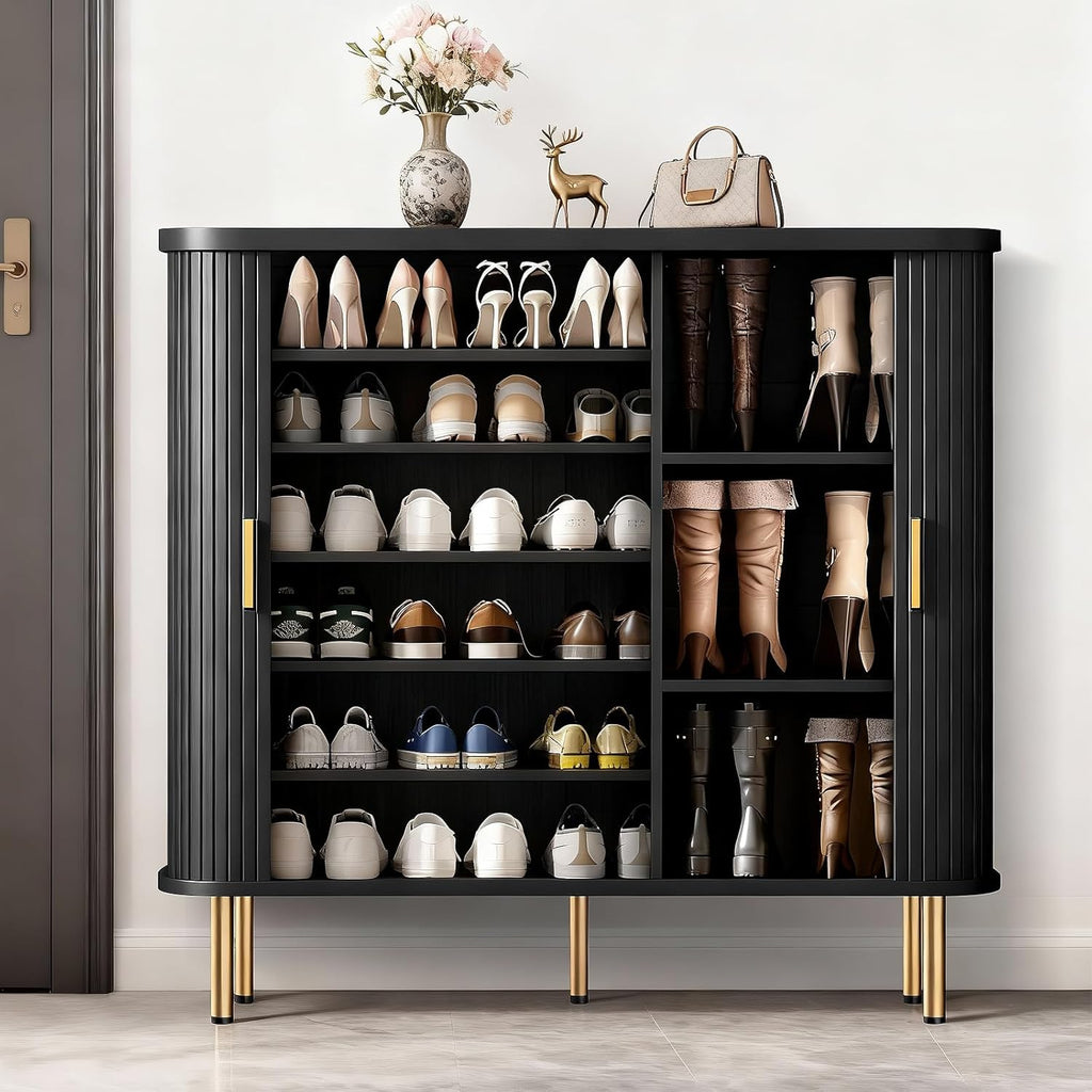 DHH Shoe Storage Cabinet with Sliding Door, 6-Tier Shoe Cabinet with Adjustable Shelves, Mid-Century Modern Freestanding Shoe Storage Organizer for Entryway, Hallway, Living Room (Wood, 47 ")