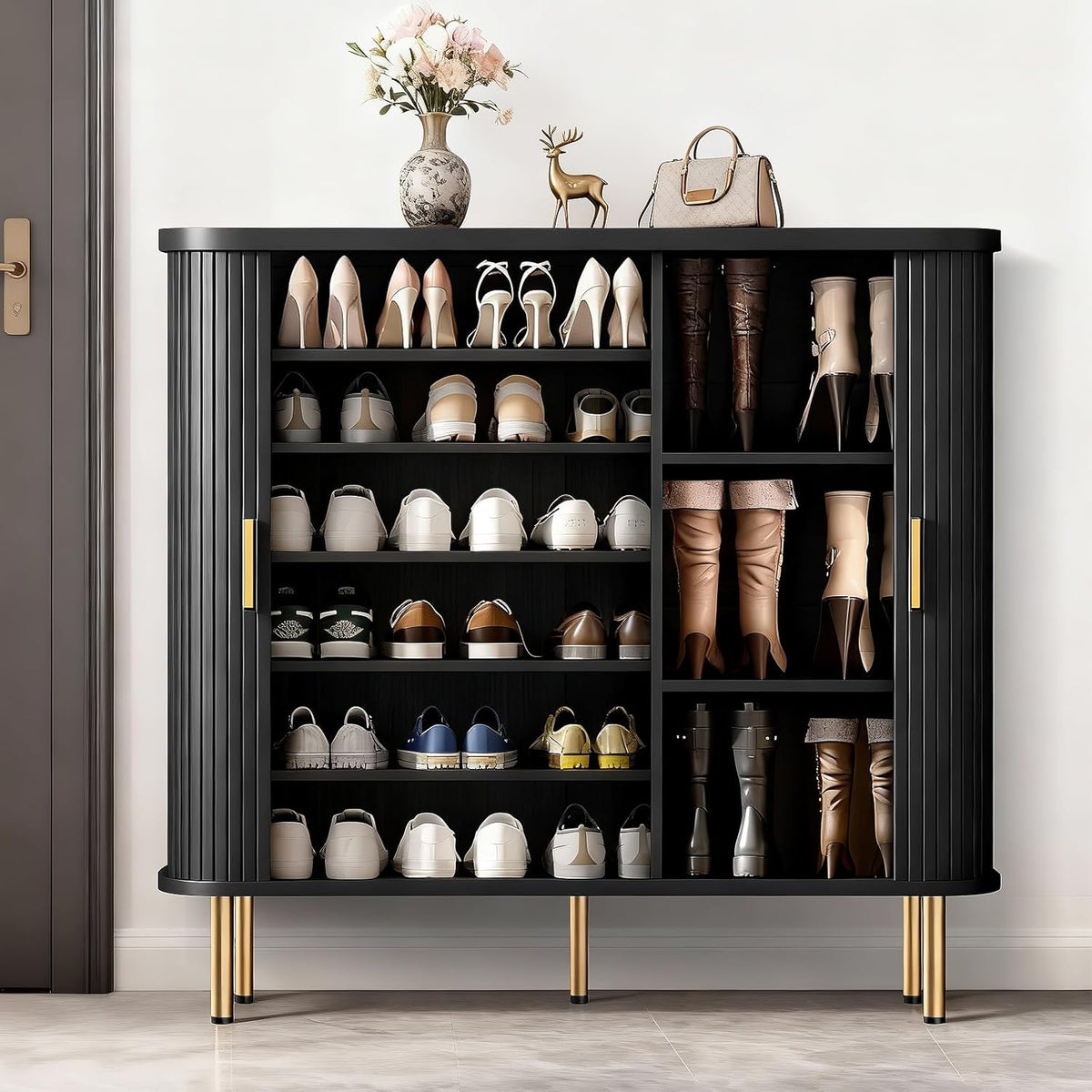DHH Shoe Storage Cabinet with Sliding Door, 6-Tier Shoe Cabinet with Adjustable Shelves, Mid-Century Modern Freestanding Shoe Storage Organizer for Entryway, Hallway, Living Room (Wood, 47 ")