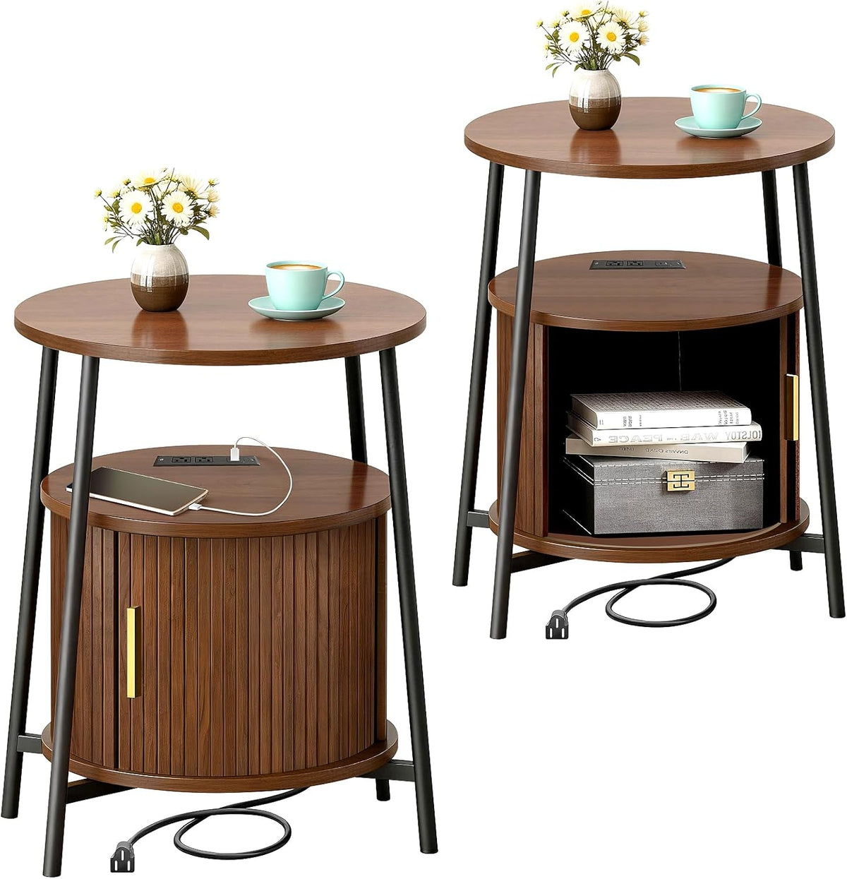 DHH Round End Tables with Charging Station, Fluted Accent Side Table with Sliding Door, Mid-Century Modern Nightstand for Small Space Storage, Living Room, Bedroom,Sofa Couch(Yellow)