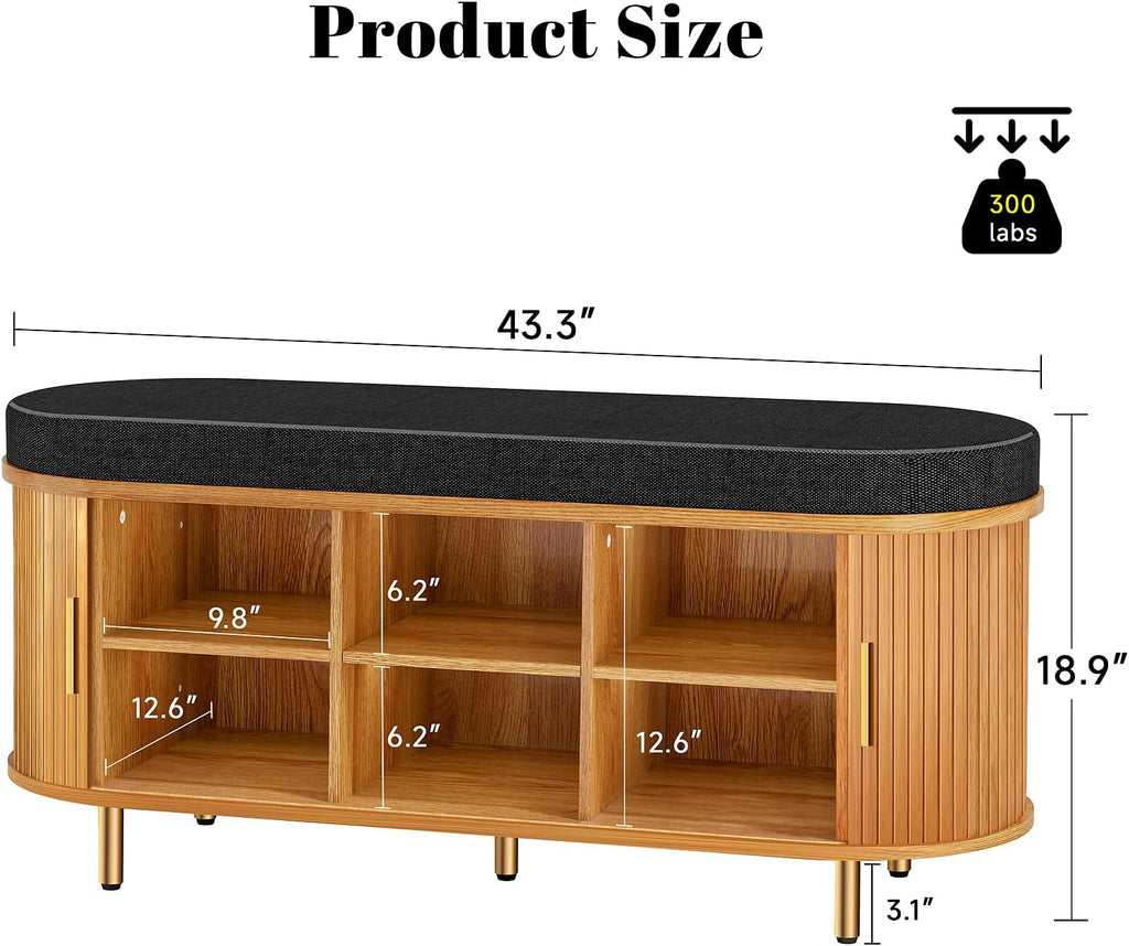 43.3" Shoe Bench with Cushion,Fluted Shoe Storage Sliding Door and Adjustable Shelf,2-Tier Shoe Rack Cabinet for Entryway, Bedroom, Living Room