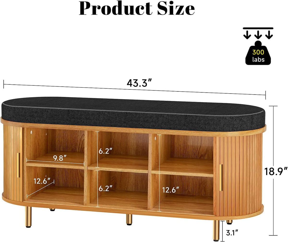 43.3" Shoe Bench with Cushion,Fluted Shoe Storage Sliding Door and Adjustable Shelf,2-Tier Shoe Rack Cabinet for Entryway, Bedroom, Living Room