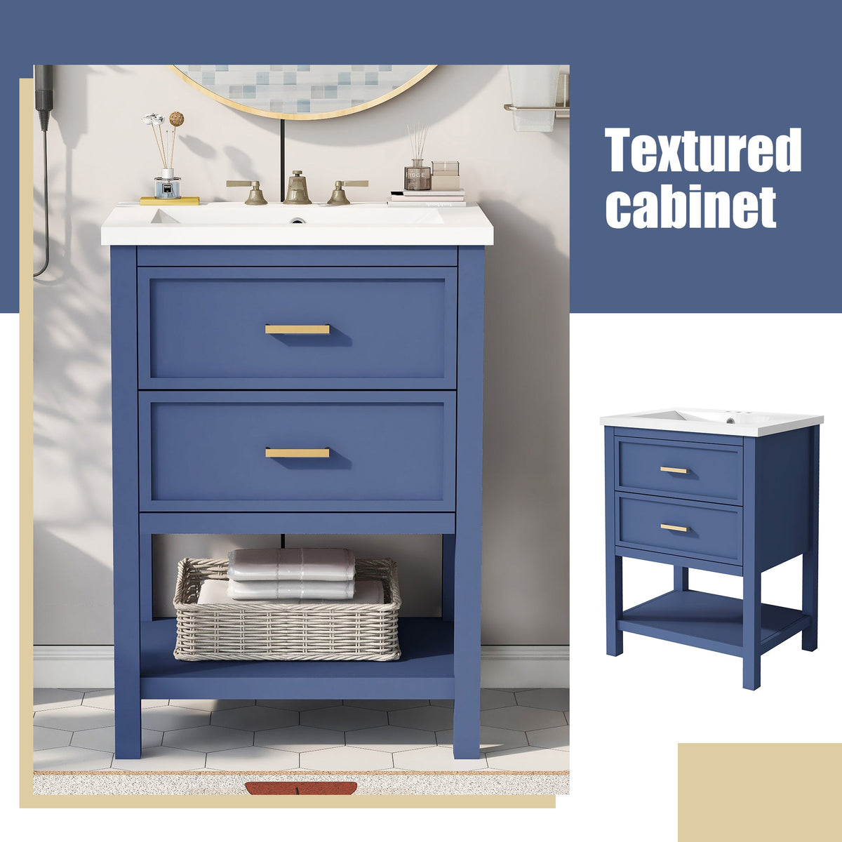 24'' Bathroom Vanity with Top Sink, Modern Bathroom Storage Cabinet with 2 Drawers