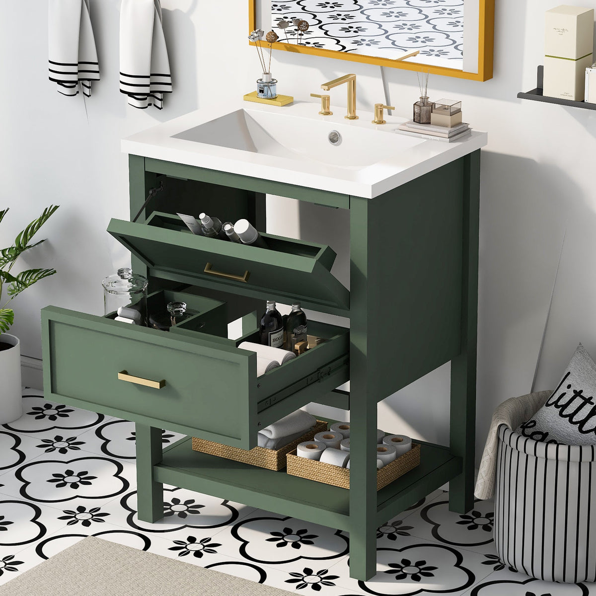24'' Bathroom Vanity with Top Sink, Modern Bathroom Storage Cabinet with 2 Drawers, Single Sink Bathroom Vanity