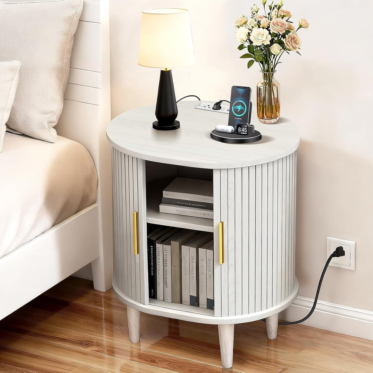 DHH Mid Century Modern Nightstand Set of 2 with Charging Station, Fluted Accent Side Table with Sliding Door & Adjustable Shelf, End Table for Small Space, Living Room, Bedroom,Sofa Couch, Black