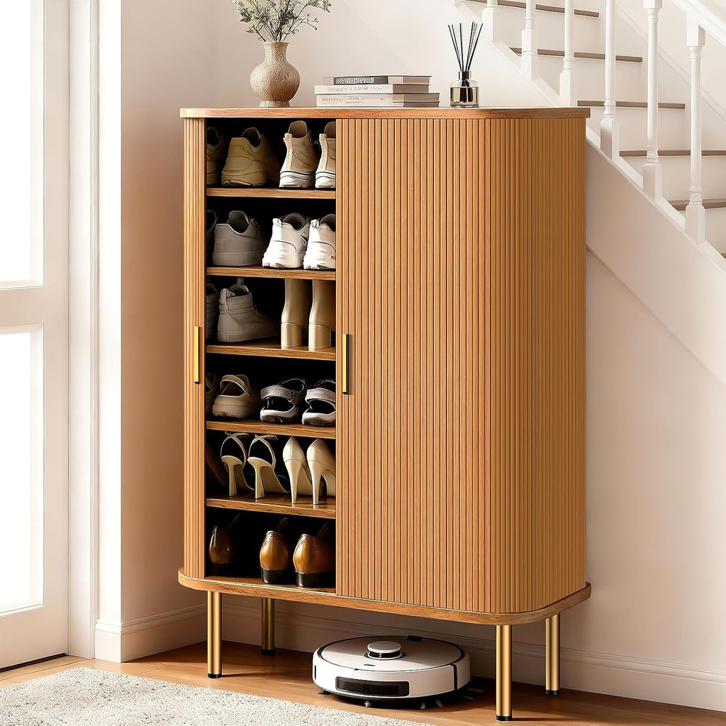 DHH Shoe Storage Cabinet with Sliding Door, 6-Tier Shoe Cabinet with Adjustable Shelves, Mid-Century Modern Freestanding Shoe Storage Organizer for Entryway, Hallway, Living Room (Wood, 47 ")