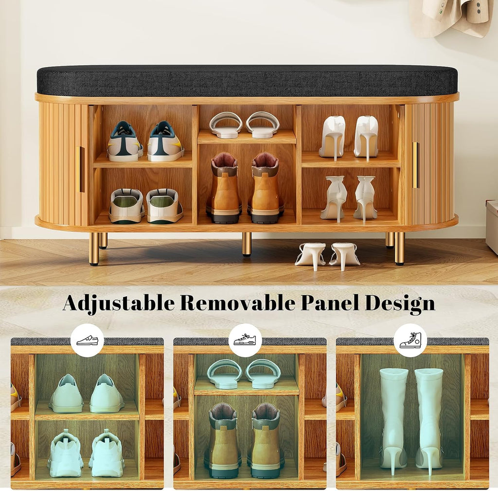 43.3" Shoe Bench with Cushion,Fluted Shoe Storage Sliding Door and Adjustable Shelf,2-Tier Shoe Rack Cabinet for Entryway, Bedroom, Living Room