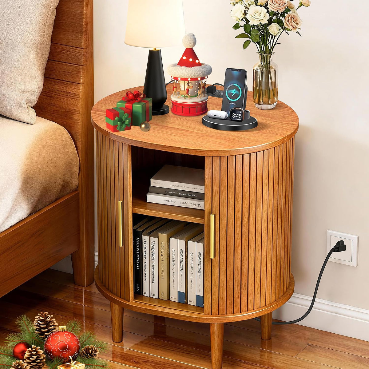 DHH Mid Century Modern Nightstand Set of 2 with Charging Station, Fluted Accent Side Table with Sliding Door & Adjustable Shelf, End Table for Small Space, Living Room, Bedroom,Sofa Couch, Black