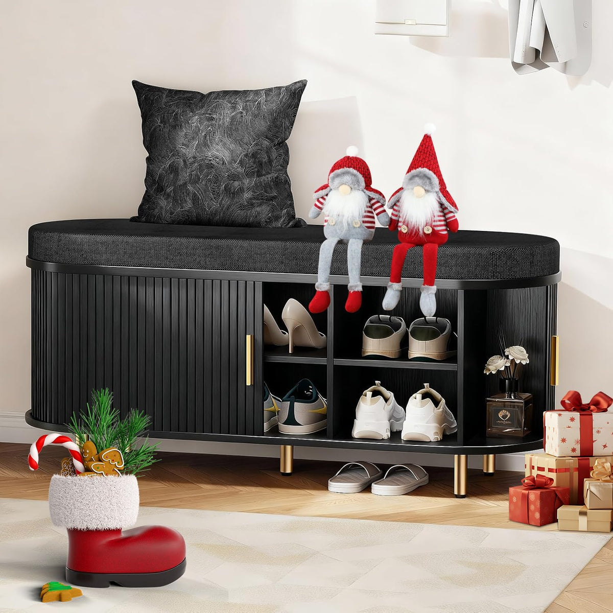 43.3" Shoe Bench with Cushion,Fluted Shoe Storage Sliding Door and Adjustable Shelf,2-Tier Shoe Rack Cabinet for Entryway, Bedroom, Living Room