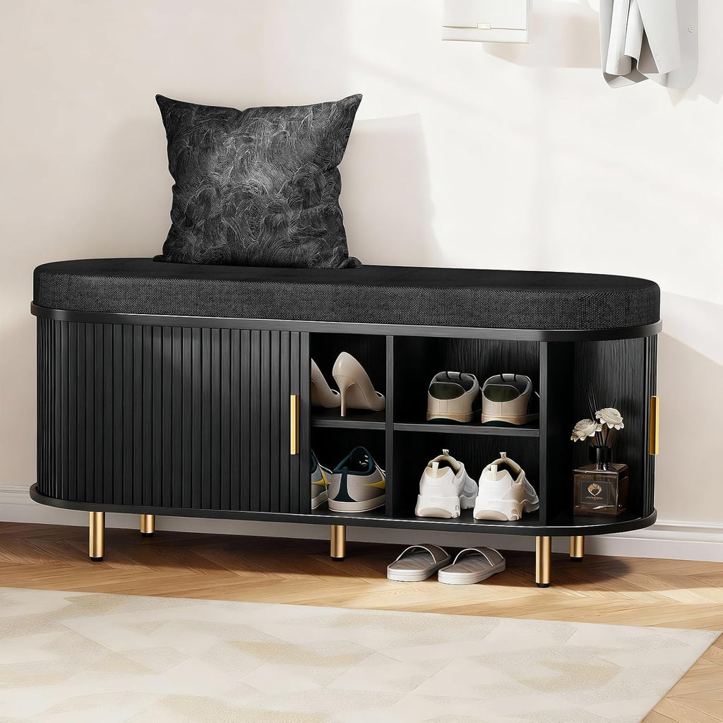 DHH 2-Tier Storage Bench, 43.3" Wide Shoe Bench with Thickened Padded Seat Cushion, Mid Century Modern Fluted Sliding Door and Adjustable Shelf, for Entryway, Living Room, Bedroom(Black)
