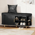 DHH 2-Tier Storage Bench, 43.3" Wide Shoe Bench with Thickened Padded Seat Cushion, Mid Century Modern Fluted Sliding Door and Adjustable Shelf, for Entryway, Living Room, Bedroom(Black)