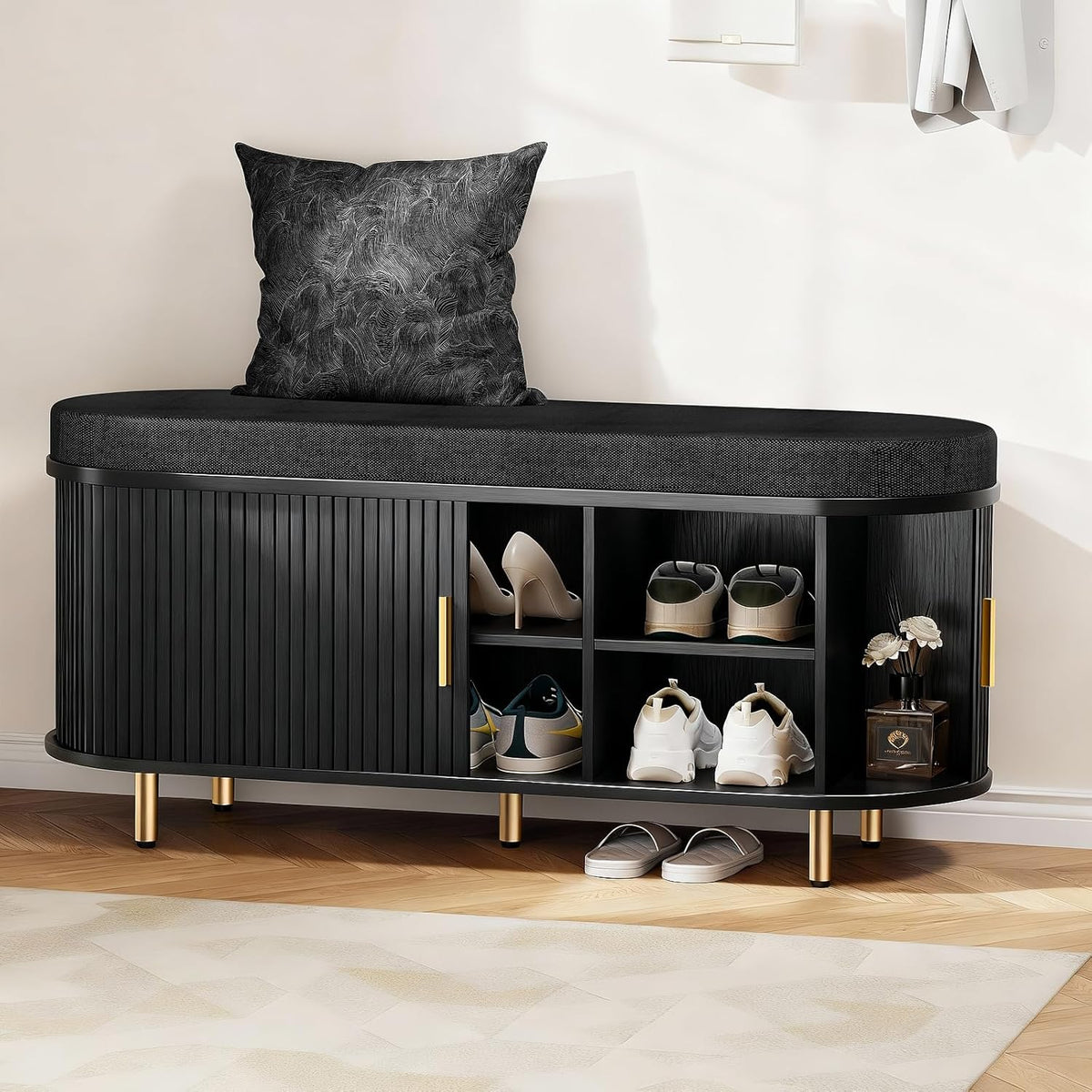 DHH 2-Tier Storage Bench, 43.3" Wide Shoe Bench with Thickened Padded Seat Cushion, Mid Century Modern Fluted Sliding Door and Adjustable Shelf, for Entryway, Living Room, Bedroom(Black)