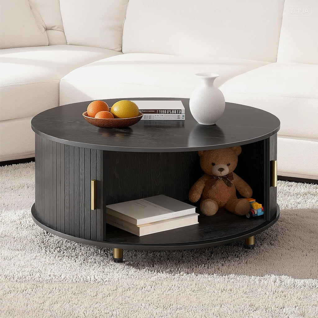 DHH Round Coffee Table, 31.5" Mid Century Modern Coffee Table with 360° Sliding Tambour Door, Fluted Accent Coffee Table with Storage Adjustable Footpads for Living Room, Black