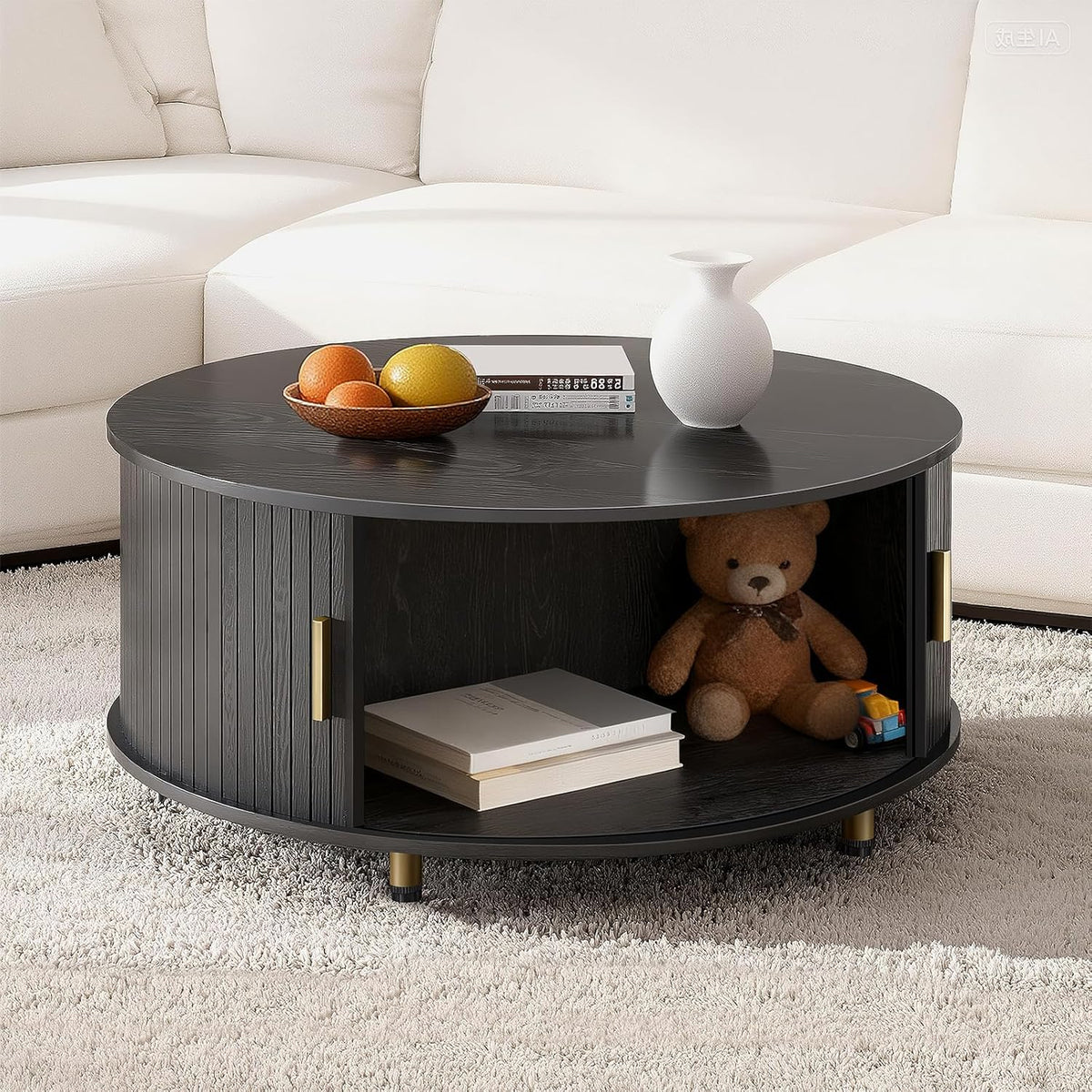 DHH Round Coffee Table, 31.5" Mid Century Modern Coffee Table with 360° Sliding Tambour Door, Fluted Accent Coffee Table with Storage Adjustable Footpads for Living Room, Black