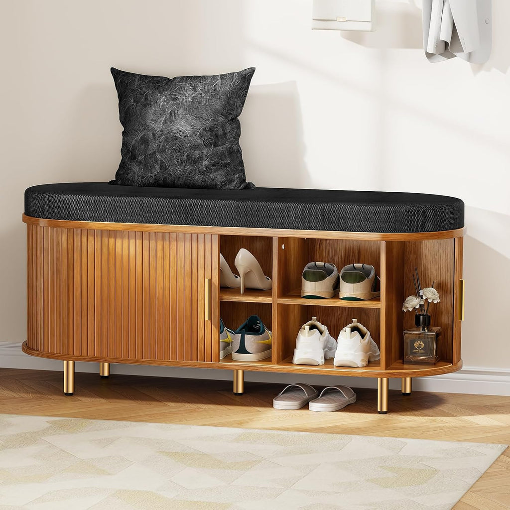 DHH 2-Tier Storage Bench, 43.3" Wide Shoe Bench with Thickened Padded Seat Cushion, Mid Century Modern Fluted Sliding Door and Adjustable Shelf, for Entryway, Living Room, Bedroom(Black)