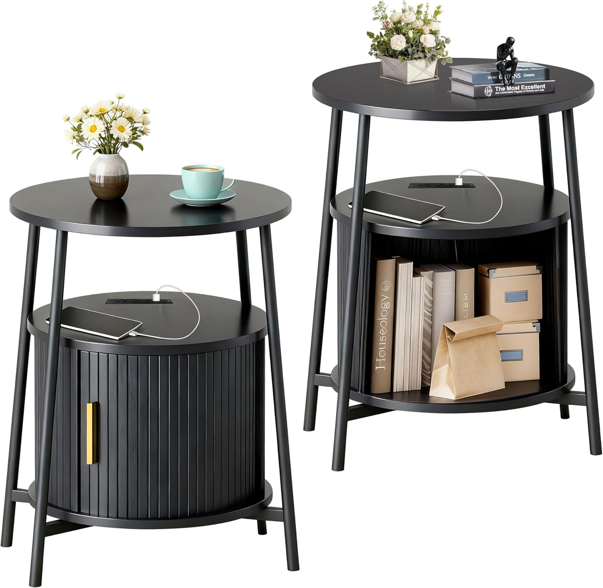 End Tables Side Table with Storage, Fluted Nightstand with Charging Station, Small Mid-Century Modern Bedside Tables, Side Table for Small Space Living Room Bedroom Sofa Couch