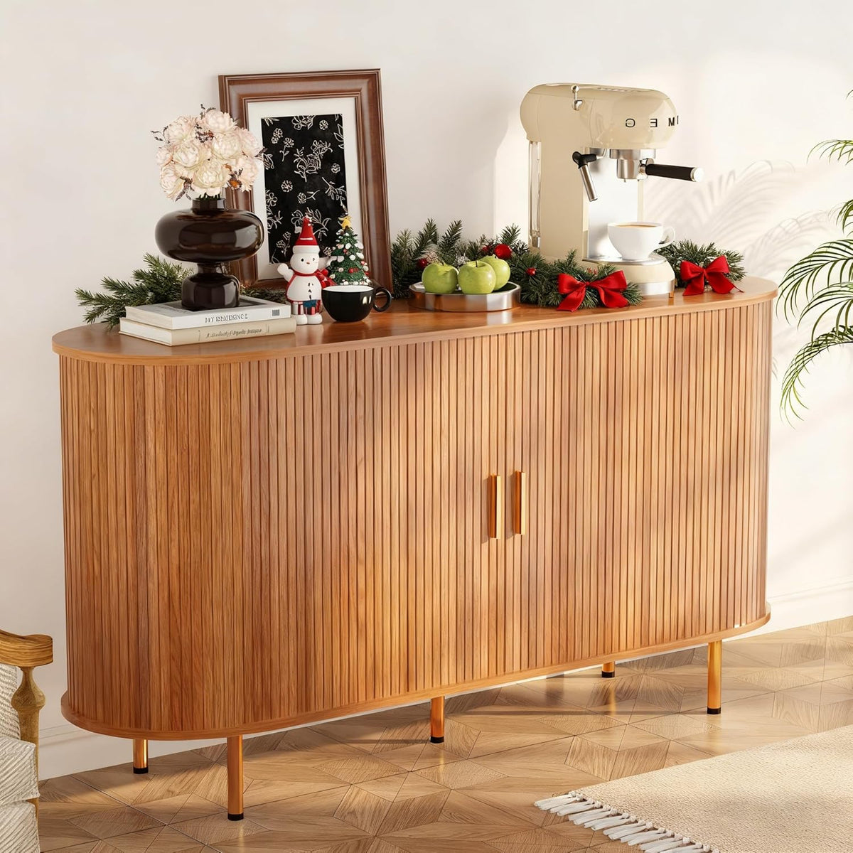 DHH Sideboard Buffet Cabinet with Storage,Mid Century Modern Fluted Accent Coffee Bar Console Table,Tambour Sliding Doors& Adjustable Shelf for Kitchen, Living Room, Entryway(Yellow Walnut 55 Inch)