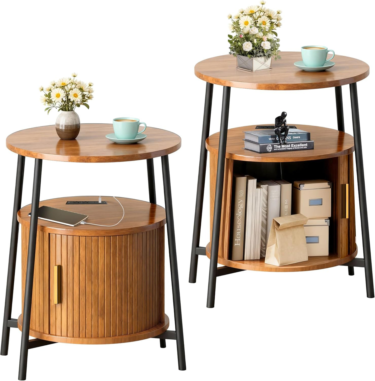 DHH Round End Tables with Charging Station, Fluted Accent Side Table with Sliding Door, Mid-Century Modern Nightstand for Small Space Storage, Living Room, Bedroom,Sofa Couch(Yellow)