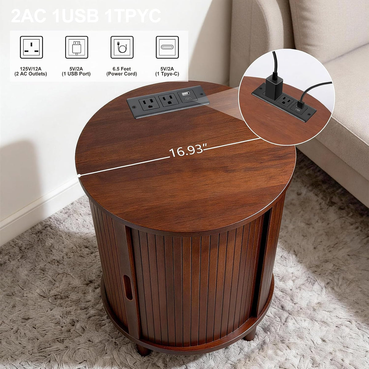 DHH Round End Table with Storage & Charging Station, Fluted Accent Side Table with Sliding Door & Adjustable Shelf, Mid-Century Nightstand for Small Spaces, Living Room, Bedroom (1, Walnut)