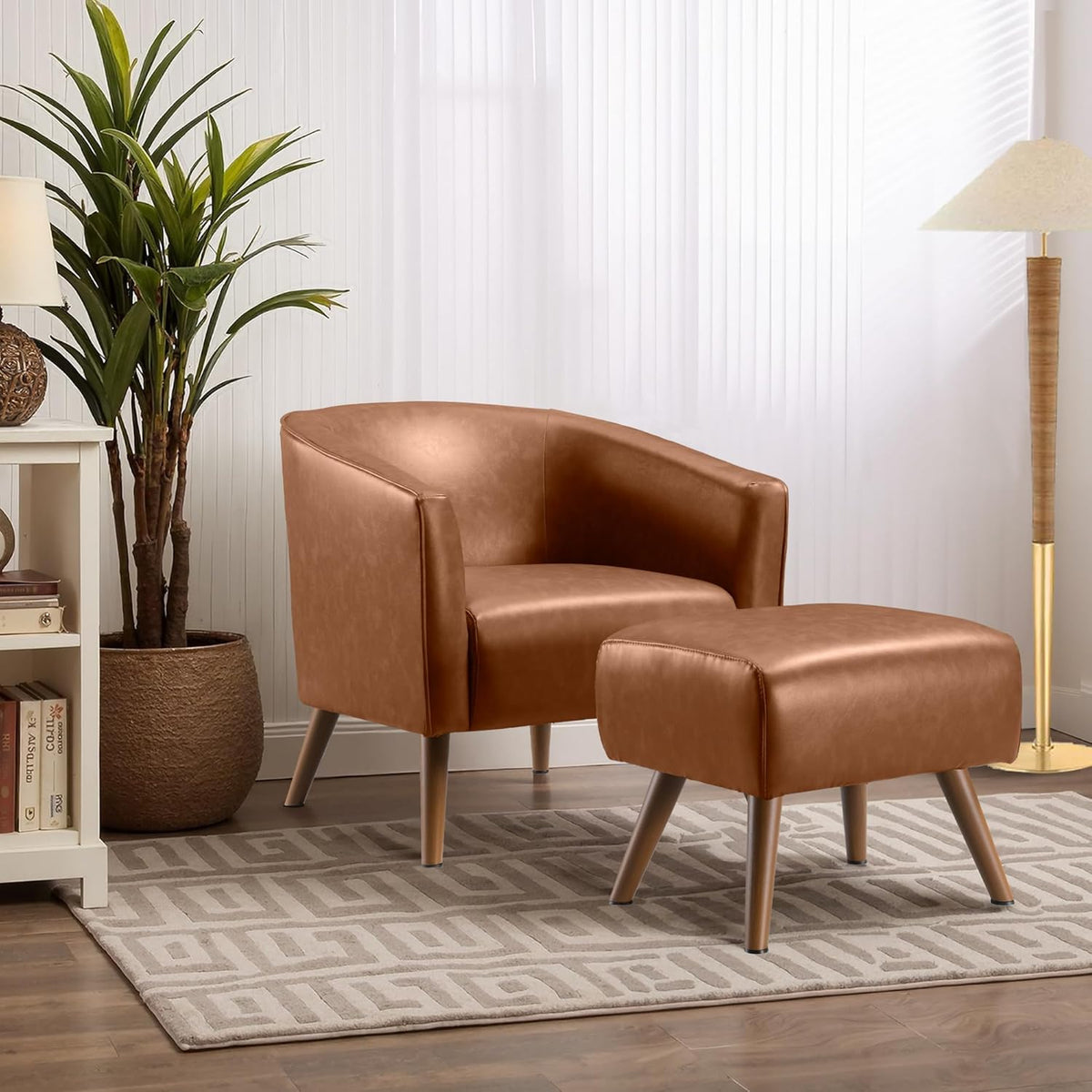 Accent Chair with Ottoman，Modern Barrel Chair and Footrest，Mid Century Living Room Chairs，Upholstered Armchair for Living Room/Bedroom/Reception Room/Office,Orange