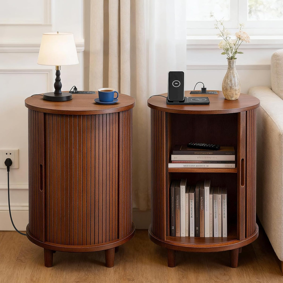 DHH Round End Table with Storage & Charging Station, Fluted Accent Side Table with Sliding Door & Adjustable Shelf, Mid-Century Nightstand for Small Spaces, Living Room, Bedroom (1, Walnut)
