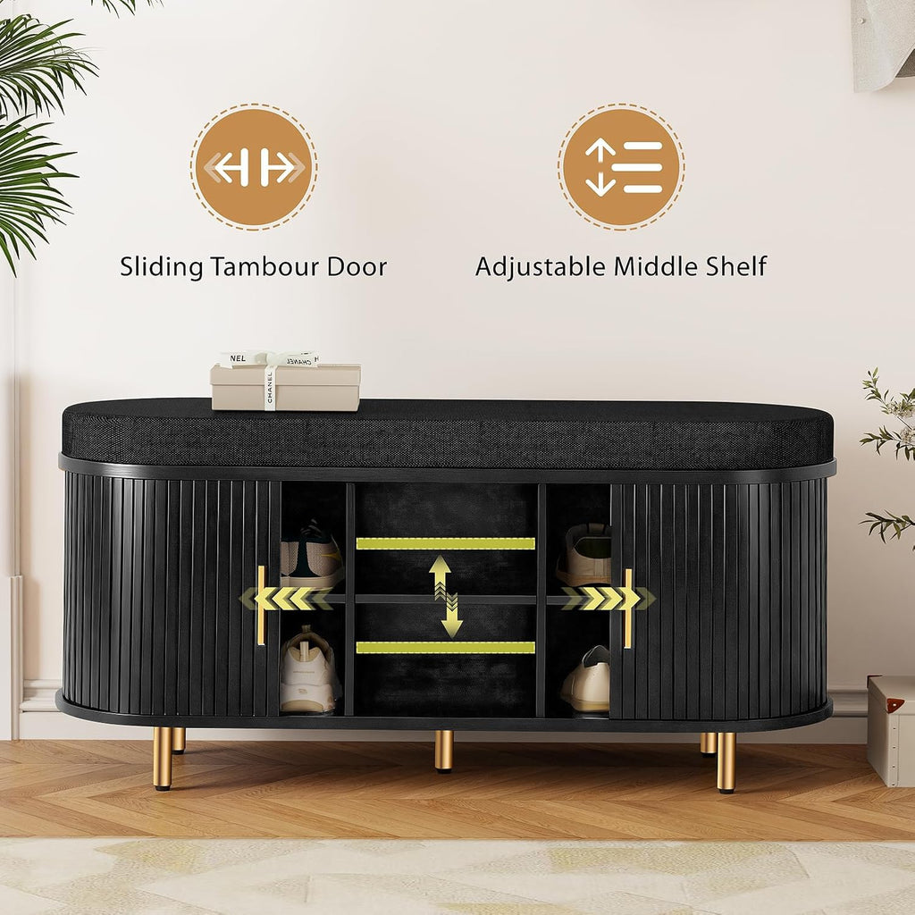 DHH 2-Tier Storage Bench, 43.3" Wide Shoe Bench with Thickened Padded Seat Cushion, Mid Century Modern Fluted Sliding Door and Adjustable Shelf, for Entryway, Living Room, Bedroom(Black)