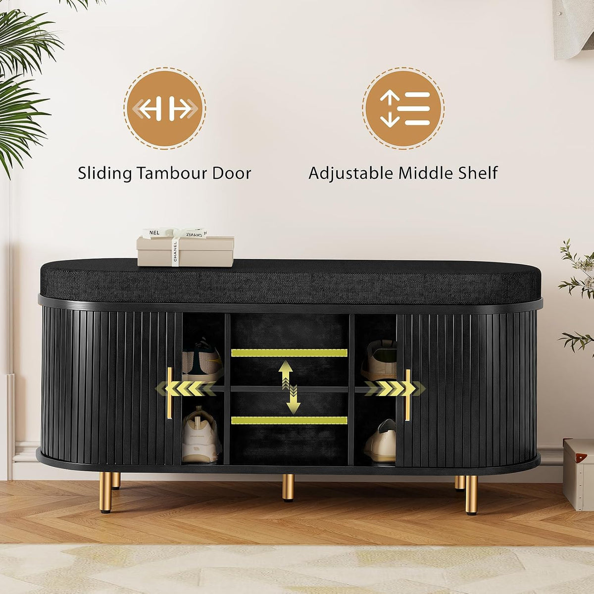 DHH 2-Tier Storage Bench, 43.3" Wide Shoe Bench with Thickened Padded Seat Cushion, Mid Century Modern Fluted Sliding Door and Adjustable Shelf, for Entryway, Living Room, Bedroom(Black)