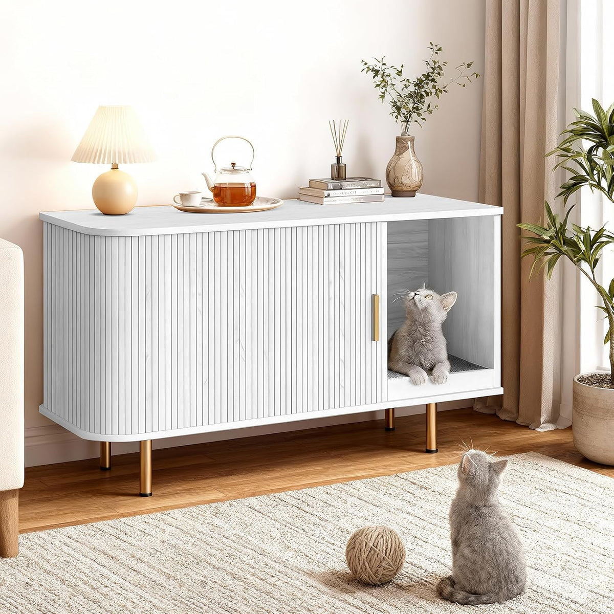 Litter Box Enclosure with Cat Scratch Pad, Sliding Door, 38.5" Litter Box Enclosure Furniture Hidden Litter Box, Modern Indoor Cat House, TV Stand, Side End Table for Living Room, Walnut