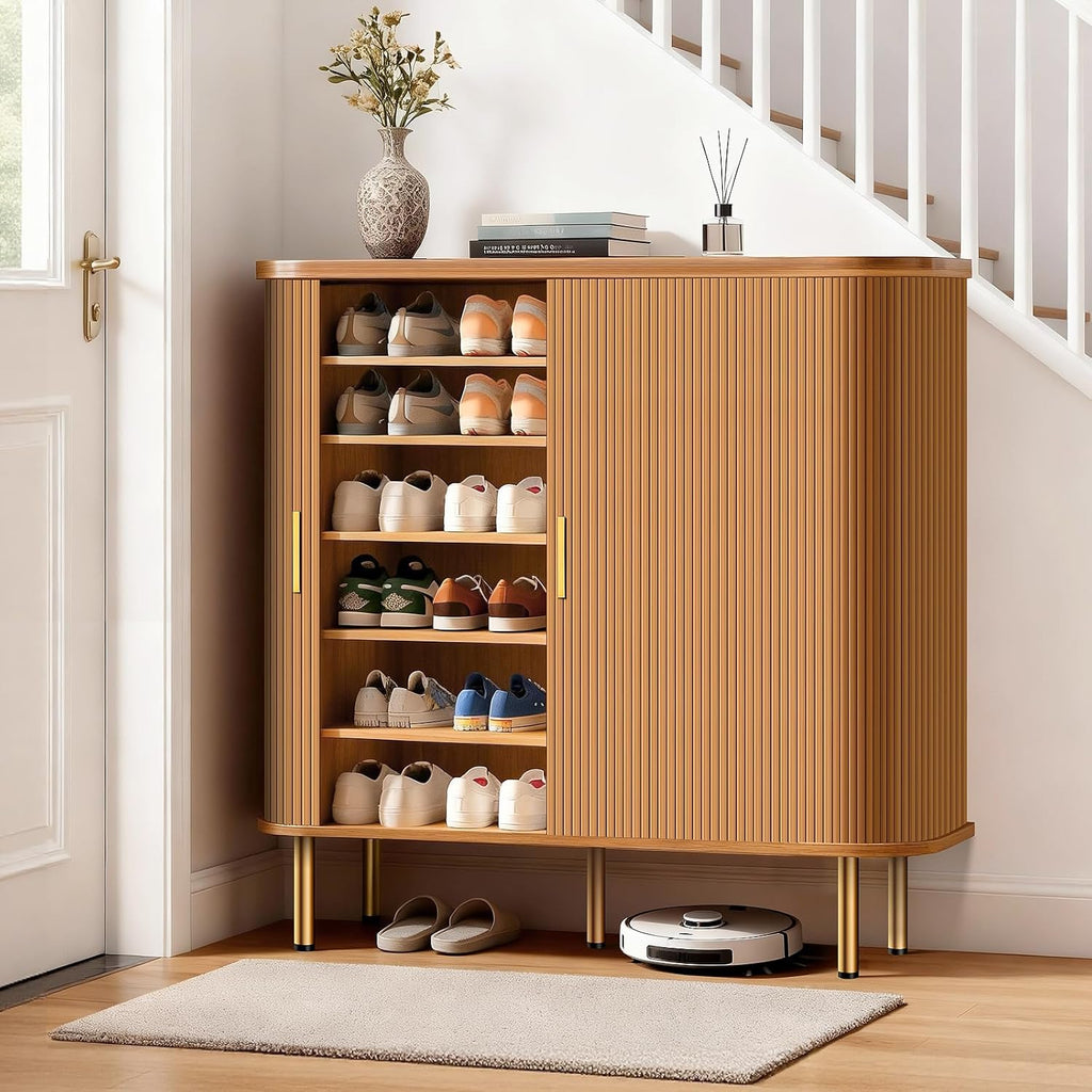 DHH Shoe Storage Cabinet with Sliding Door, 6-Tier Shoe Cabinet with Adjustable Shelves, Mid-Century Modern Freestanding Shoe Storage Organizer for Entryway, Hallway, Living Room (Wood, 47 ")