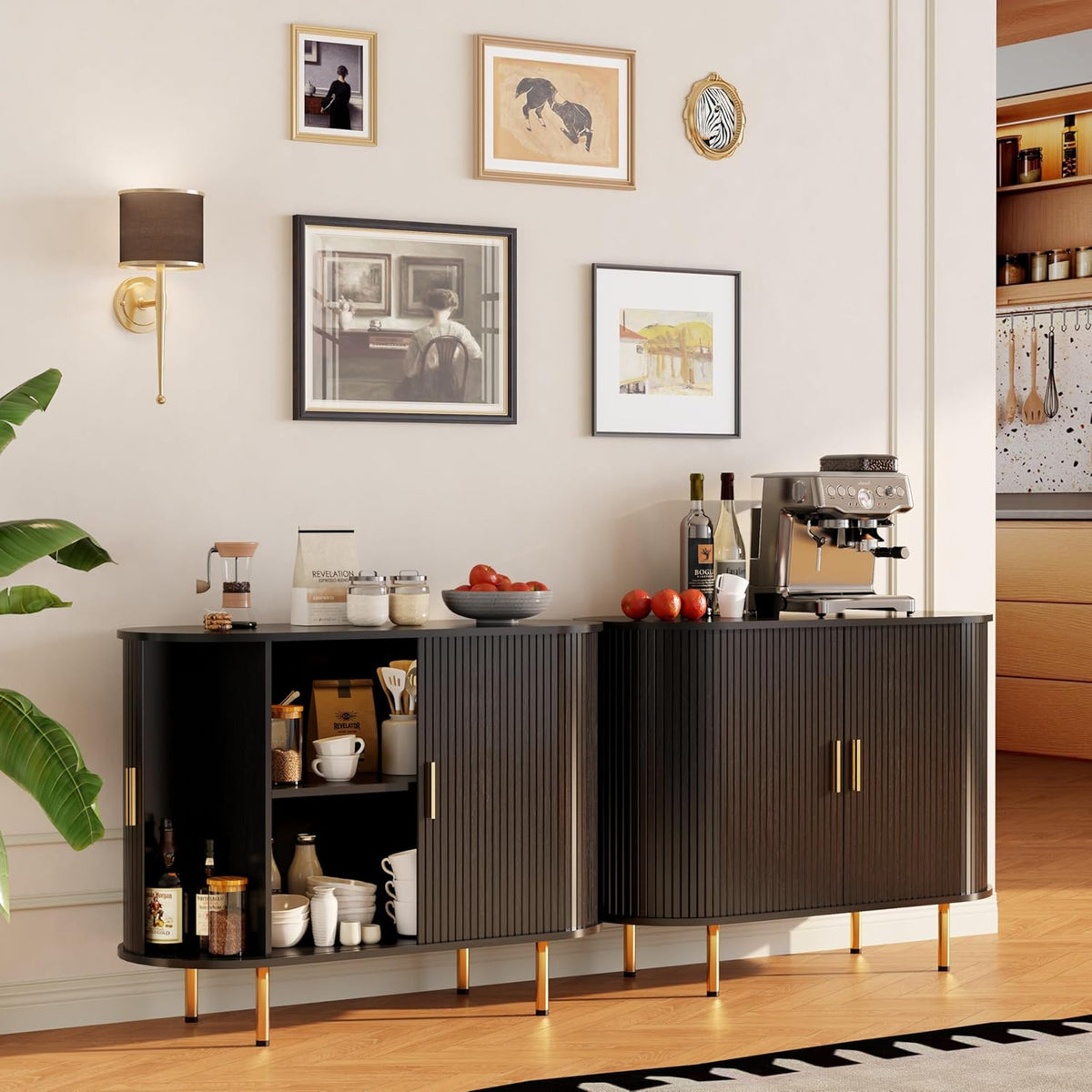 Storage Cabinet, Fluted Sideboard Buffet Cabinet with Tambour Sliding Doors& Adjustable Shelf, Accent Coffee Bar Console Table for Kitchen, Living Room, Entryway