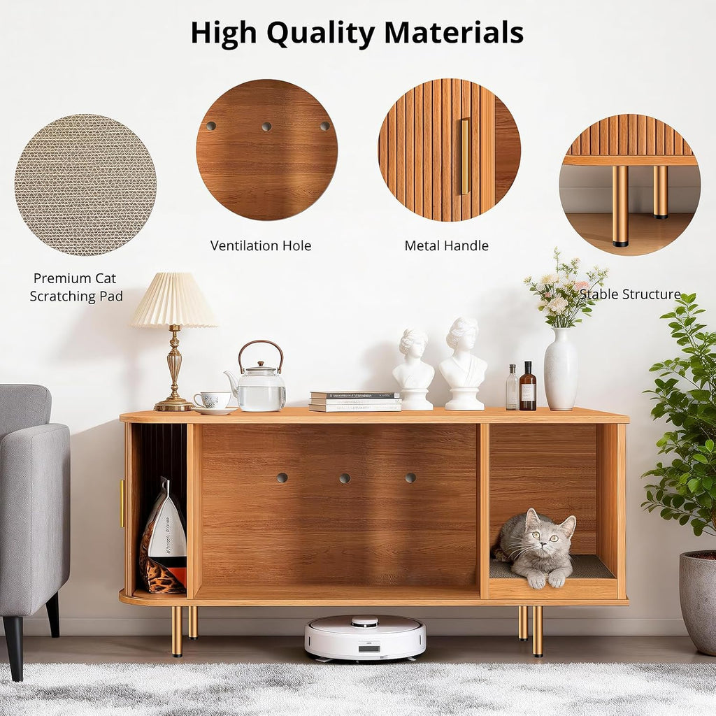 Litter Box Enclosure with Cat Scratch Pad, Sliding Door, 38.5" Litter Box Enclosure Furniture Hidden Litter Box, Modern Indoor Cat House, TV Stand, Side End Table for Living Room, Walnut