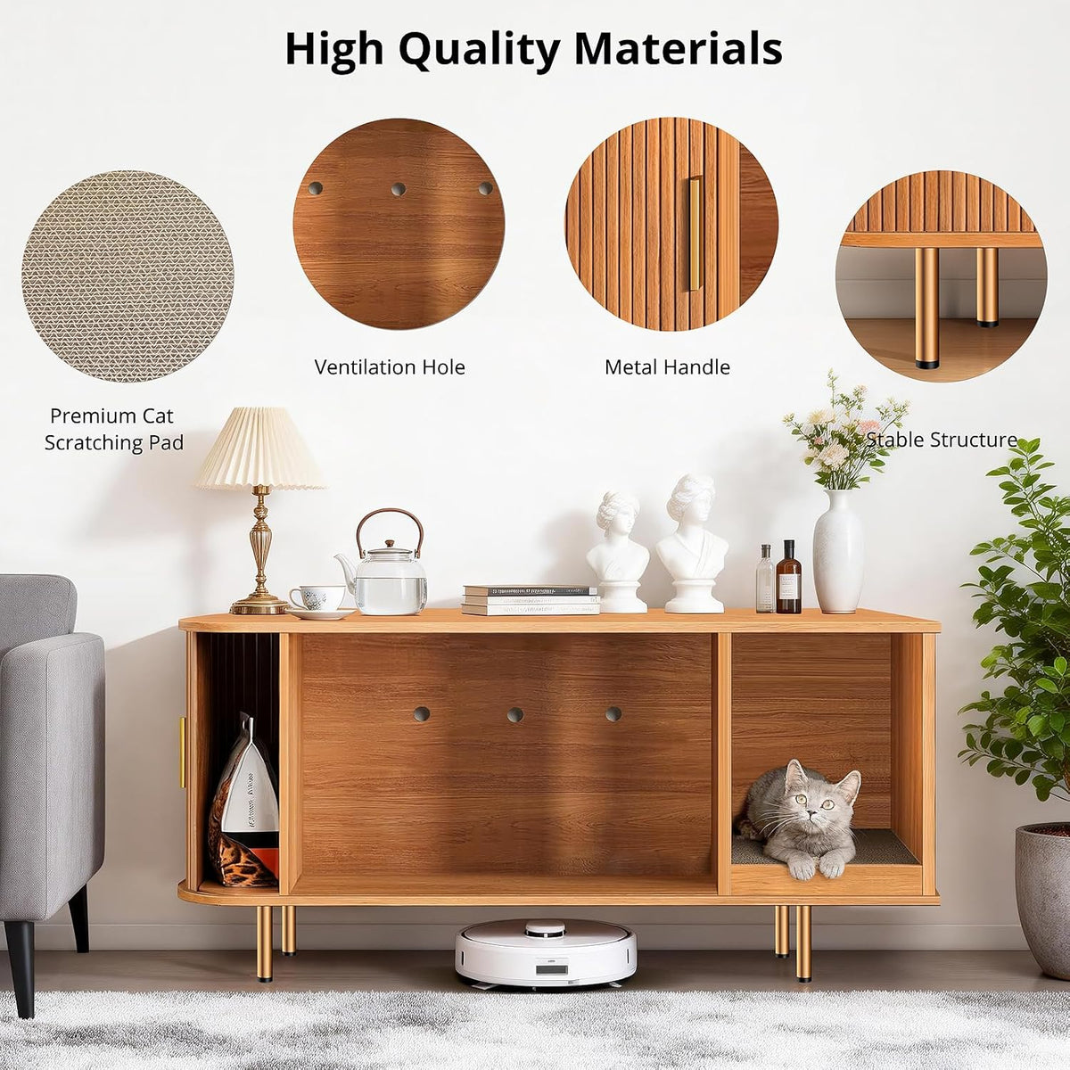 Litter Box Enclosure with Cat Scratch Pad, Sliding Door, 38.5" Litter Box Enclosure Furniture Hidden Litter Box, Modern Indoor Cat House, TV Stand, Side End Table for Living Room, Walnut
