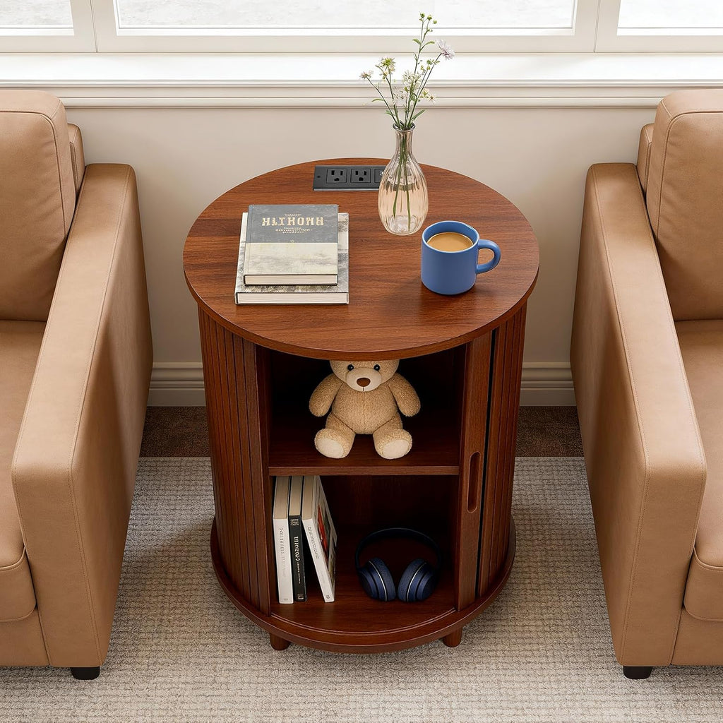 DHH Round End Table with Storage & Charging Station, Fluted Accent Side Table with Sliding Door & Adjustable Shelf, Mid-Century Nightstand for Small Spaces, Living Room, Bedroom (1, Walnut)
