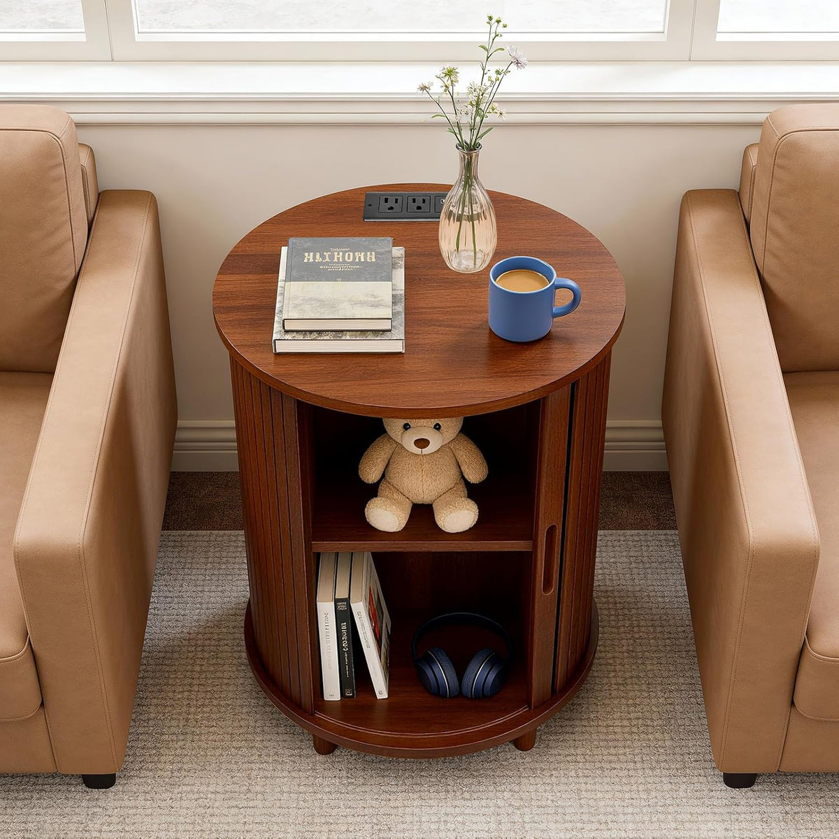 DHH Round End Table with Storage & Charging Station, Fluted Accent Side Table with Sliding Door & Adjustable Shelf, Mid-Century Nightstand for Small Spaces, Living Room, Bedroom (1, Walnut)