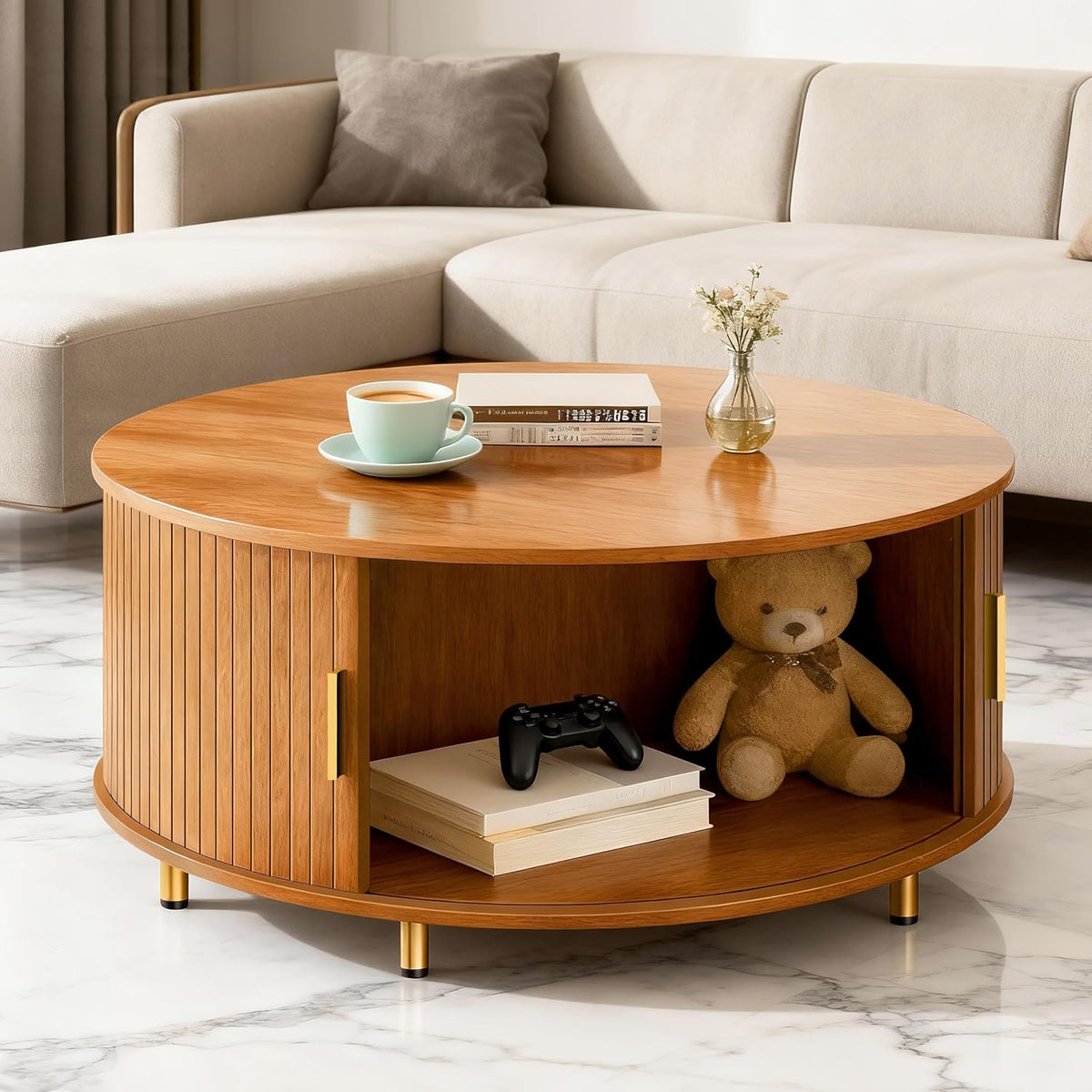 DHH Round Coffee Table, 31.5" Mid Century Modern Coffee Table with 360° Sliding Tambour Door, Fluted Accent Coffee Table with Storage Adjustable Footpads for Living Room, Black