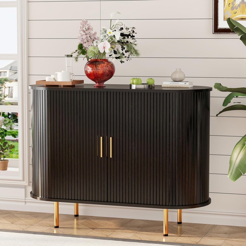 DHH Sideboard Buffet Cabinet with Storage,Mid Century Modern Fluted Accent Coffee Bar Console Table,Tambour Sliding Doors& Adjustable Shelf for Kitchen, Living Room, Entryway(Yellow Walnut 55 Inch)