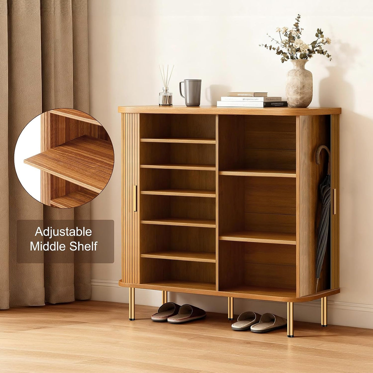 DHH Shoe Storage Cabinet with Sliding Door, 6-Tier Shoe Cabinet with Adjustable Shelves, Mid-Century Modern Freestanding Shoe Storage Organizer for Entryway, Hallway, Living Room (Wood, 47 ")