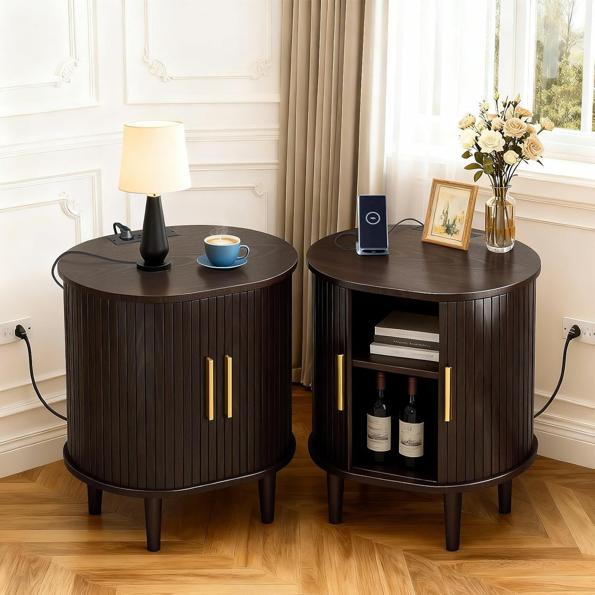 DHH Mid Century Modern Nightstand Set of 2 with Charging Station, Fluted Accent Side Table with Sliding Door & Adjustable Shelf, End Table for Small Space, Living Room, Bedroom,Sofa Couch, Black